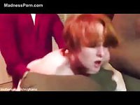 Pale white amateur girl with red hair bent over and roughly fucked by her man