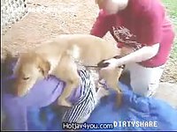 Classic hardcore animal sex movie featuring an amateur lifting her skirt for sex with a dog