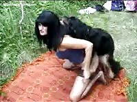 Brunette MILF in black lace-top nylon stockings having beastiality fun