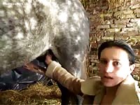 Skinny amateur cougar in white nylons blowing and banging a horse