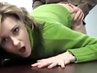 Flirty college girl getting pounded while bent over a desk in her debut