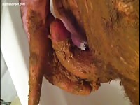 BDSM loving virgin smears with shit and starts fapping his small dick