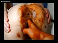 Boyfriend ends up with a messy hand as he finger fucks scat from his girlfriends snug asshole