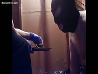 Willing husband in a black mask gets up the bravery to eat his first pile of steamy hot scat