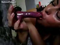 Thirsty for cum to swallow this never before seen coed licked and sucked her dogs big dick