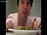 Hungry dude squats and poops before eating his own scat on camera