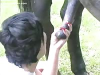 Horny brunette amateur tramp tries to drain horse cock orally