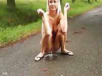 Bright-eyed never seen before teen trollop strips nude and proceeds to piss on public street