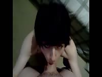 Small breasted never before seen teen hussy showing off her cock sucking skills on a stud