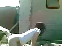 Skinny brunette petite stunner bent over outdoors being slammed by a cunt hungry Husky