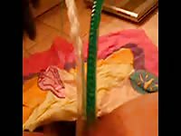 Incredible close up POV movie features coed sliding cleaning brush out of her dank pussy