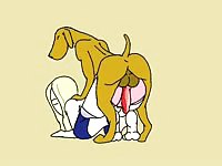 Playful animated cartoon sex movie featuring bestiality sex between a dog and a cheerleader