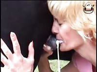 Married showing off her fabulous dick pleasuring skills on a huge dog in this animal sex vid