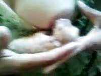 Little tiny baby puppy latching on to lactating whores giant nipple and sucking for fresh milk