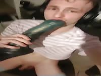 Sissy boy sucks horse dildo while watching horsecock porn